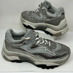 ASH Sz 40/US 9Leather and Nylon Silver Gray Colorblock Pattern Chunky Sneakers